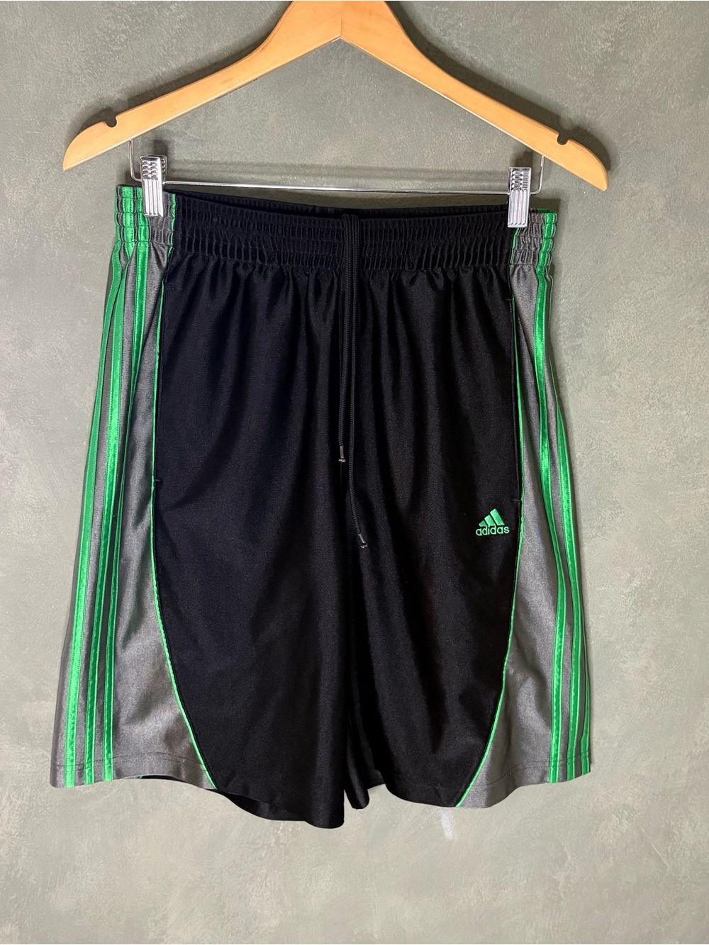 Adidas Black Satin Basketball Shorts, Silky Retro.  Silver 3 Stripe.  Size M